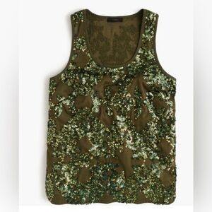 NWT J. Crew Cotton, Olive Green, Iridescent Sequin Tank Top, Scoop Neck, Size 00